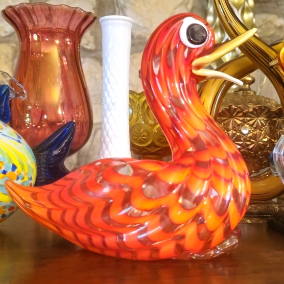 Murano Style Type Duck 9"L x 5"W x 7"H - Vibrant Reddish Orange Swirl Colors - Picture 2 of 12